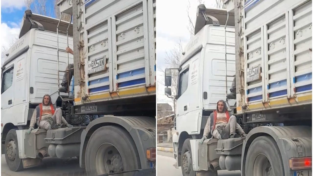 Trafikte sorumsuz hareketler: Erzurum'da kamyonun kasa boşluğunda yolculuk