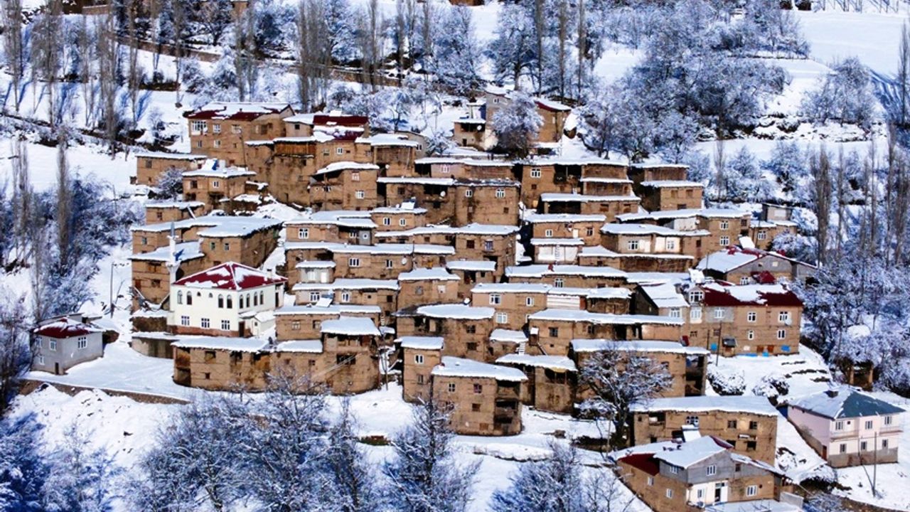 Hizan taş evlerin kış manzarası